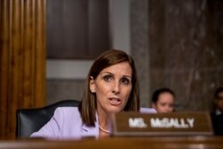 FILE - Sen. Martha McSally, R-Ariz., speaks during a Senate Armed Services Committee hearing on Capitol Hill in Washington, July 30, 2019. ,