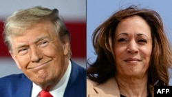 Esta combinación de imágenes muestra al expresidente y candidato presidencial republicano Donald Trump en Harrisburg, Pensilvania, el 4 de septiembre de 2024 y a la vicepresidente y candidata presidencial demócrata Kamala Harris en Maryland el 4 de septiembre de 2024.