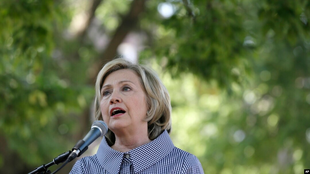 Democratic presidential candidate Hillary Rodham Clinton speaks during a news conference during a visit to the Iowa State Fair, Aug. 15, 2015, in Des Moines, Iowa. 