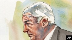 Ilustración de Jerry Sandusky mientras escucha el testimonio de sus supuestas víctimas.