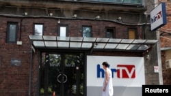 FILE - The entrance to Hir TV headquarters is pictured in in Budapest, Hungary, Aug. 1, 2018. 