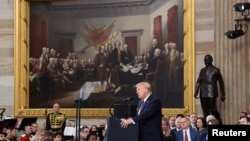 ABD Başkanı Donald Trump, 20 Ocak'ta düzenlenen yemin töreninde yaptığı konuşma sırasında.