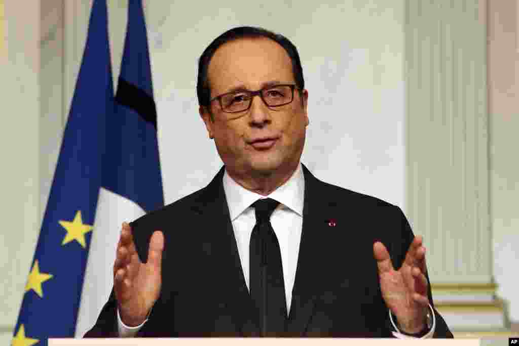 French President Francois Hollande addresses the nation at the Elysee Palace in Paris, France, Jan. 9, 2015.