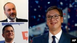 A combo shows two main opposition candidates, Sasa Jankovic, top left, and Vuk Jeremic, down, and current Serbian Prime Minister and presidential candidate Aleksandar Vucic, in Belgrade, Serbia, March, 2017.
