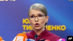 FILE - Former Ukrainian Prime Minister Yulia Tymoshenko speaks during a press conference in Kiev, Ukraine, on April 2, 2019. Russia reportedly has placed Tymoshenko on its "wanted list."