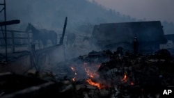 Horses stand near stables consumed by the Bridge Fire in Wrightwood, California, Sept. 11, 2024.