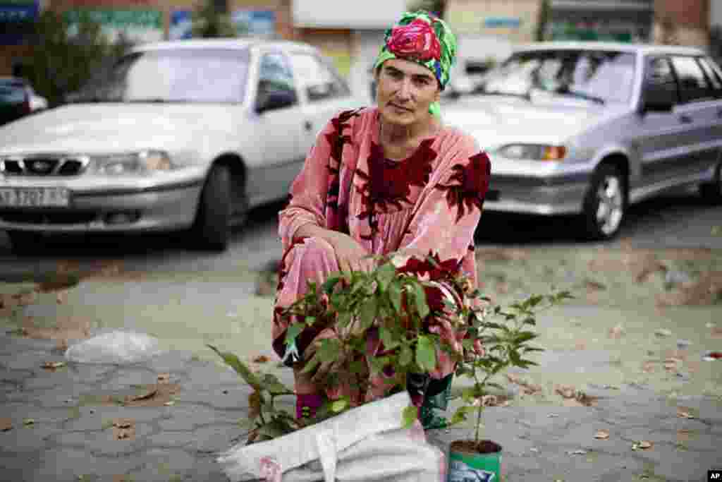 A woman selling plants at the Green Market in downtown Dushanbe. (VOA - Y. Weeks)