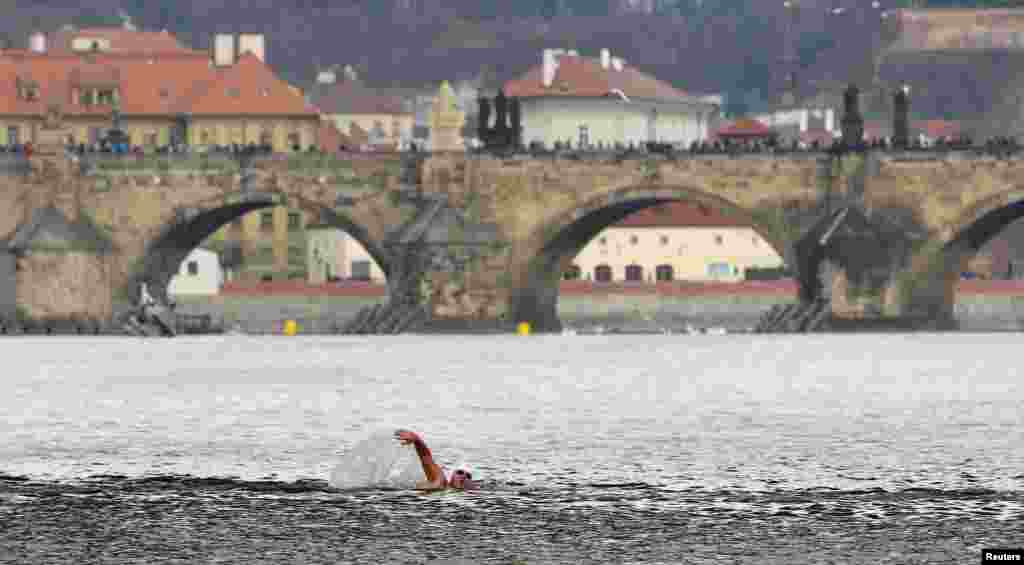 A swimmer participates in the annual Christmas winter swimming competition in the Vltava river in Prague, Czech Republic.