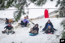 Sledders ride down a hill as snow falls in Florence, Alabama, Jan. 10, 2025.