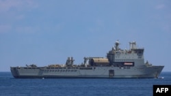 FILE - A handout photo from the British Ministry of Defense on April 26, 2024, shows Royal Navy support ship Cardigan Bay at work in the Red Sea. Cardigan Bay will help support the international effort to construct a temporary floating pier in Gaza to deliver humanitarian aid.