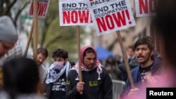 FILE—Protesters gather to show support for Palestinians in Gaza, outside of Columbia University in New York City, U.S., April 24, 2024.