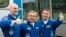 The International Space Station (ISS) crew members (L-R) Alexander Gerst of Germany, Maxim Surayev of Russia and Reid Wiseman of the U.S. pose before going from a hotel for a final pre-launch preparation at the Baikonur cosmodrome, May 28, 2014.