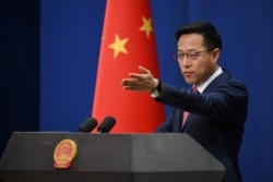 Chinese Foreign Ministry spokesman Zhao Lijian takes a question at the daily media briefing in Beijing on April 8, 2020.