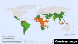 World Health Organization map displays progress in combating malaria between 2000 - 2012