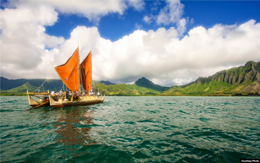 The Hokulea is a a Polynesian double-hulled voyaging canoe (date unknown). (Oiwi TV and the Polynesian Voyaging Society)