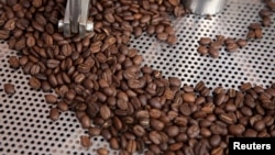 FILE - Coffee beans are seen in a roaster at a stand at the Coffee Fair in Lima, Peru.