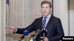 Iceland's Prime Minister Bjarni Benediktsson speaks during a press conference in Reykjavik, Iceland Sept. 15, 2017. 