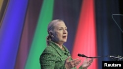 U.S. Secretary of State Hillary Clinton delivers a speech at the Conference on Internet Freedom, hosted by the Dutch Ministry of Foreign Affairs in The Hague, Netherlands, December 8, 2011.