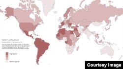 This map, provided by Facebook, shows how many characters, on average, users from each country type their version of the word "goal" in Facebook posts.