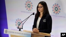 Yusra Mardini, a swimming for the Refugee Olympic Team, speaks during the 71st session of the United Nations General Assembly at UN headquarters, Sept. 20, 2016.