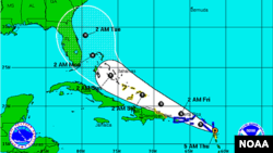 Trayectoria prevista por el Centro Nacional de Hurcanes para la tormenta tropical Erika.