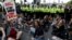 Demonstrators block the entrance to Whitehall during an anti-Brexit protest in London, Aug. 31, 2019. 