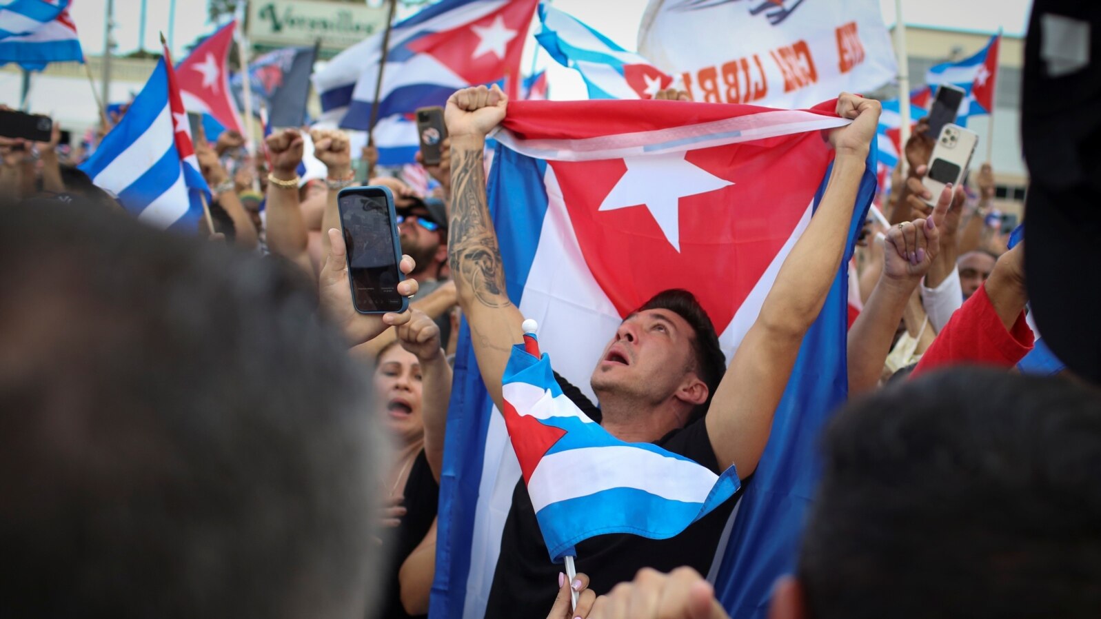 People rally in solidarity with protesters in Cuba, in Little Havana neighborhood in Miami.