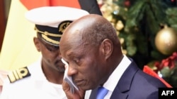 Guinea Bissau's president Jose Mario Vaz reacts as he delivers his New Year's speech Dec. 31, 2019, at the Presidential Palace in Bissau.
