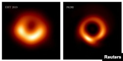 The image of the supermassive black hole in the galaxy M87 originally imaged by the Event Horizon Telescope (EHT) collaboration in 2019 is seen on the left; and new image generated by the PRIMO algorithm using the same data set is seen on the right, in this combination handout picture. (Medeiros et al. 2023/Handout via REUTERS)