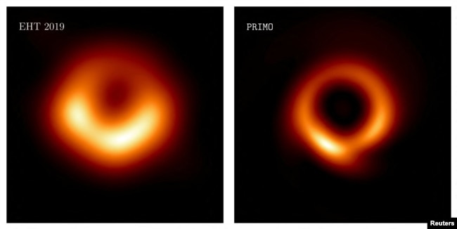 The image of the supermassive black hole in the galaxy M87 originally imaged by the Event Horizon Telescope (EHT) collaboration in 2019 is seen on the left; and new image generated by the PRIMO algorithm using the same data set is seen on the right, in this combination handout picture. (Medeiros et al. 2023/Handout via REUTERS)