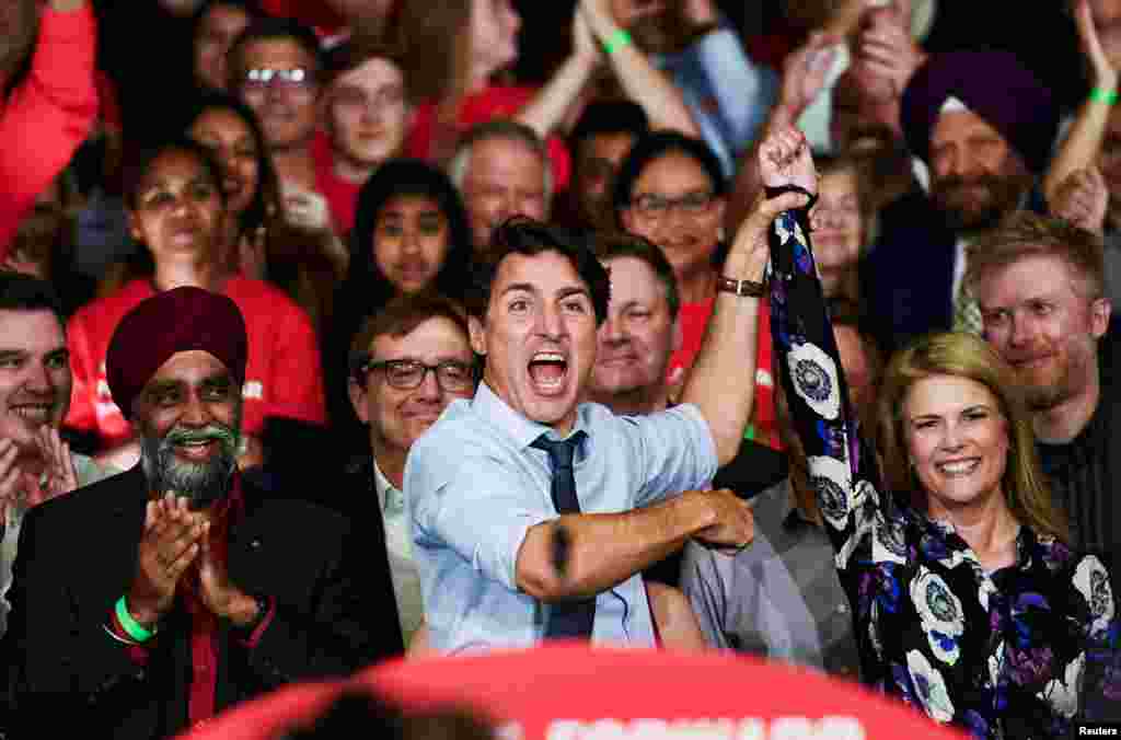 Canada&#39;s Prime Minister Justin Trudeau introduces Vancouver Kingsway candidate Tamara Taggart at a rally in Vancouver, British Columbia, Sept. 11, 2019.
