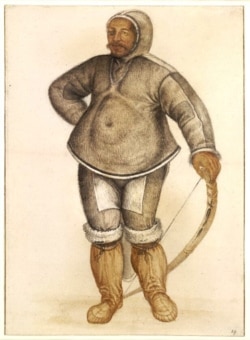 1577 watercolor by John White shows Inuit captive 'Calichough' or 'Kalicho', an Inuit abducted and taken to England by Martin Frobisher