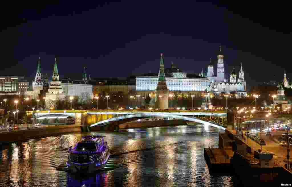 The Kremlin is seen before the lights are switched off for Earth Hour in Moscow, March 30, 2019.