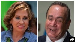 FILE - This combination of photos of presidential candidate Sandra Torres in Villanueva, Guatemala, June 14, 2019, and Alejandro Giammattei in Guatemala City, June 13, 2019.