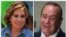 FILE - This combination of photos of presidential candidate Sandra Torres in Villanueva, Guatemala, June 14, 2019, and Alejandro Giammattei in Guatemala City, June 13, 2019.