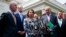 Speaker of the House Nancy Pelosi of Calif., talks with reporters after meeting with President Donald Trump about infrastructure, at the White House, April 30, 2019, in Washington.
