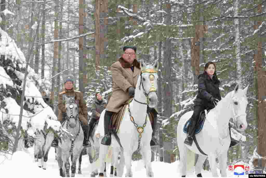 North Korean leader Kim Jong Un rides a horse as he visits battle sites in areas of Mt Paektu, Ryanggang, North Korea, in this undated picture released by North Korea&#39;s Central News Agency (KCNA), Dec. 4, 2019.
