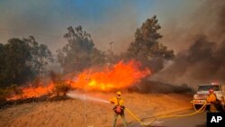 Petugas pemadam kebakaran berupaya memadamkan api di pinggir jalan Calle Real dekat Refugio Rd., Goleta, California, Selasa, 12 Oktober 2021. (Mike Eliason/Departemen Pemadam Kebakaran Santa Barbara via AP)