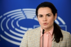 Belarusian opposition leader Sviatlana Tsikhanouskaya speaks during a news conference with European Parliament President David Sassoli (not pictured), in Brussels, Belgium, Sept. 21, 2020.