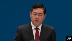FILE - Chinese Foreign Minister Qin Gang speaks during the forum in Shanghai, on April 21, 2023. 
