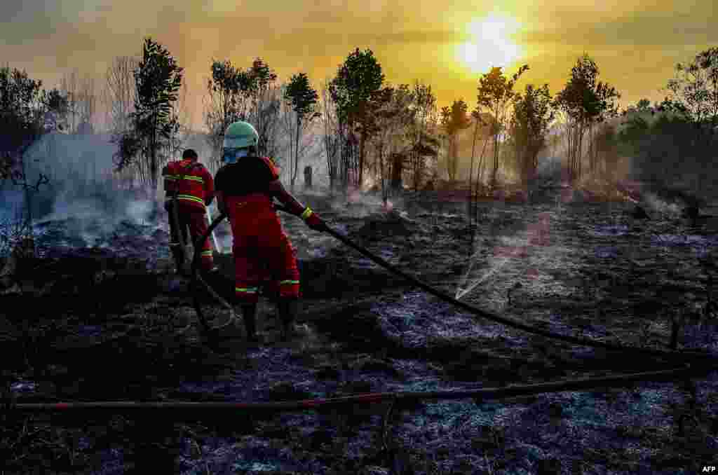 Firefighters extinguish a fire in Kampar, Riau province on Indonesia&#39;s Sumatra island.