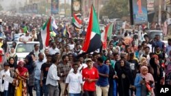  Sudanese protesters march during a demonstration in the capital Khartoum, Sudan, Aug. 1, 2019. The Sudanese Professionals Association said Thursday that the rallies are demanding justice for the killing of at least six people earlier this week.