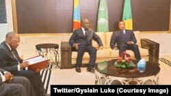 Félix Tshisekedi, mokonzi ya sika RDC, na moninga wa ye ya Congo-Brazzaville, Denis Sassou Nguesso, bavandi na salon d'honneur ya libanda ya pepo ya Mayamaya, Brazzaville, Congo, 7 février 2019. (Twitter/Gyslain Luke)