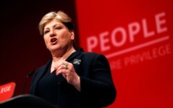 FILE - Shadow Foreign Secretary Emily Thornberry speaks during the Labour party annual conference in Brighton, Britain, Sept. 23, 2019.