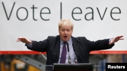 London Mayor Boris Johnson speaks at a "Out" campaign event, in favor of Britain leaving the European Union, at Europa Worldwide freight company in Dartford, Britain, March 11, 2016. 