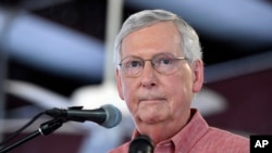 Senate Majority Leader Mitch McConnell, R-Ky., addresses the audience gathered at the Fancy Farm Picnic in Fancy Farm, Ky., Aug. 3, 2019. 