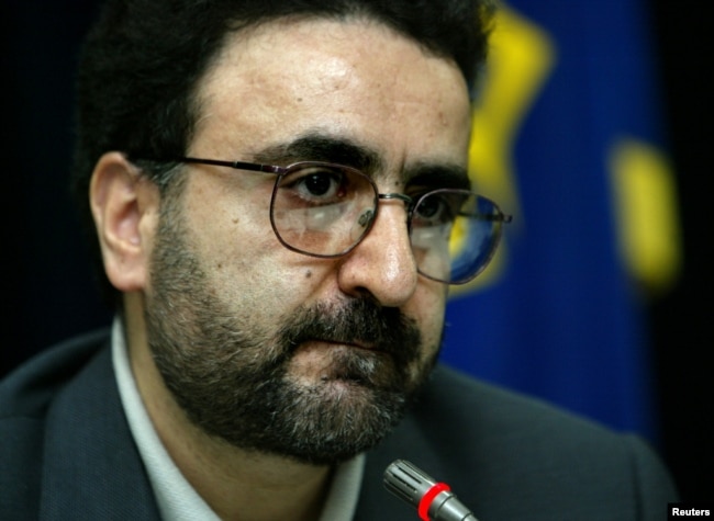 FILE - Seyyed Mostafa Tajzadeh, a senior member of the reformist Islamic Iran Participation Front, speaks with journalists at a news conference in Tehran, Feb. 21, 2004.