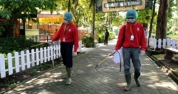 Petugas melakukan penyemprotan desinfektan di jalanan di bagian dalam Kebun Binatang Surabaya sebagai langkah pencegahan penyebaran virus corona (foto Petrus Riski-VOA)