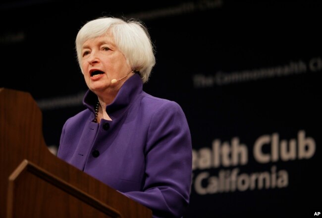 Federal Reserve Board Chair Janet Yellen addresses a meeting of the Commonwealth Club, Jan. 18, 2017, in San Francisco.