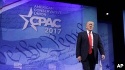 President Donald Trump arrives to speak at the Conservative Political Action Conference (CPAC) in Oxon Hill, Md., Feb. 24, 2017.